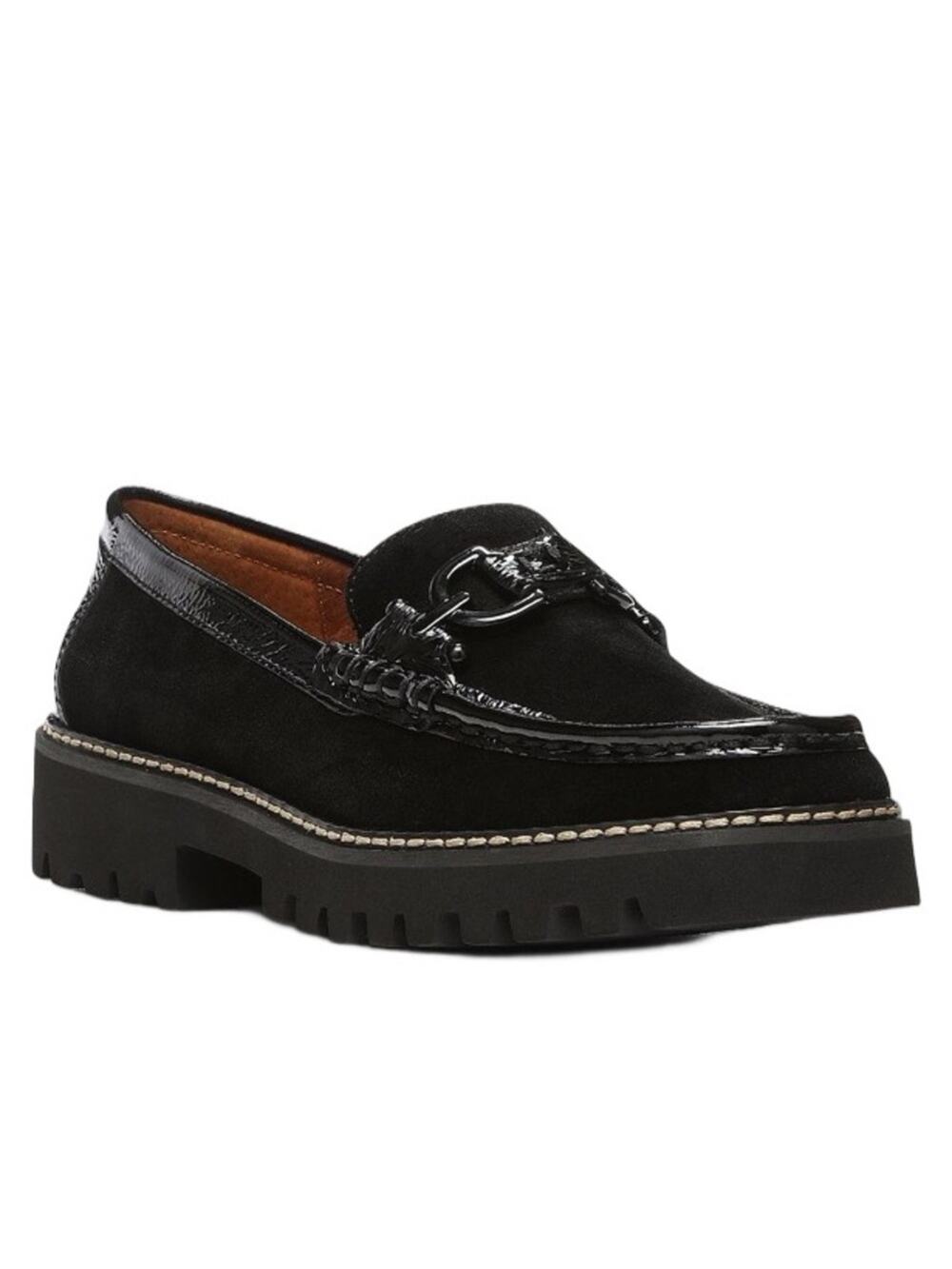 Donald Pliner Helio Black Leather Calf Suede Lug Sole Loafer Bit Detail size 8